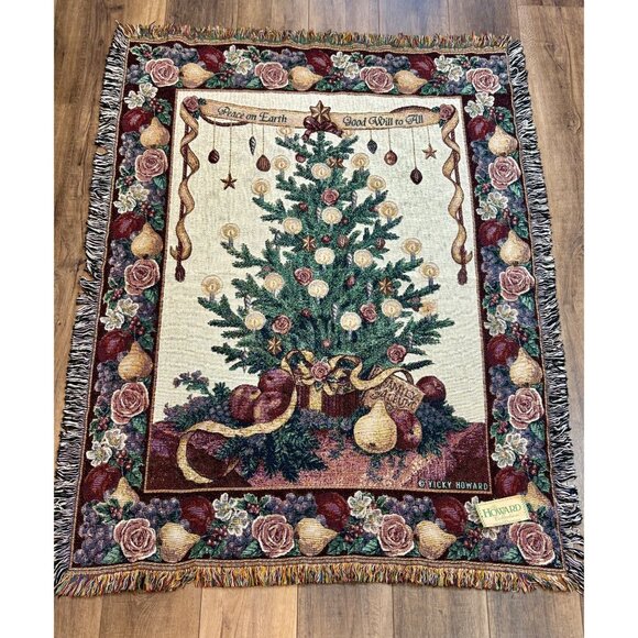Vicky Howard ‘Peace on Earth’ Christmas Tapestry Throw Blanket Tree Fringe Cottn - Picture 4 of 9